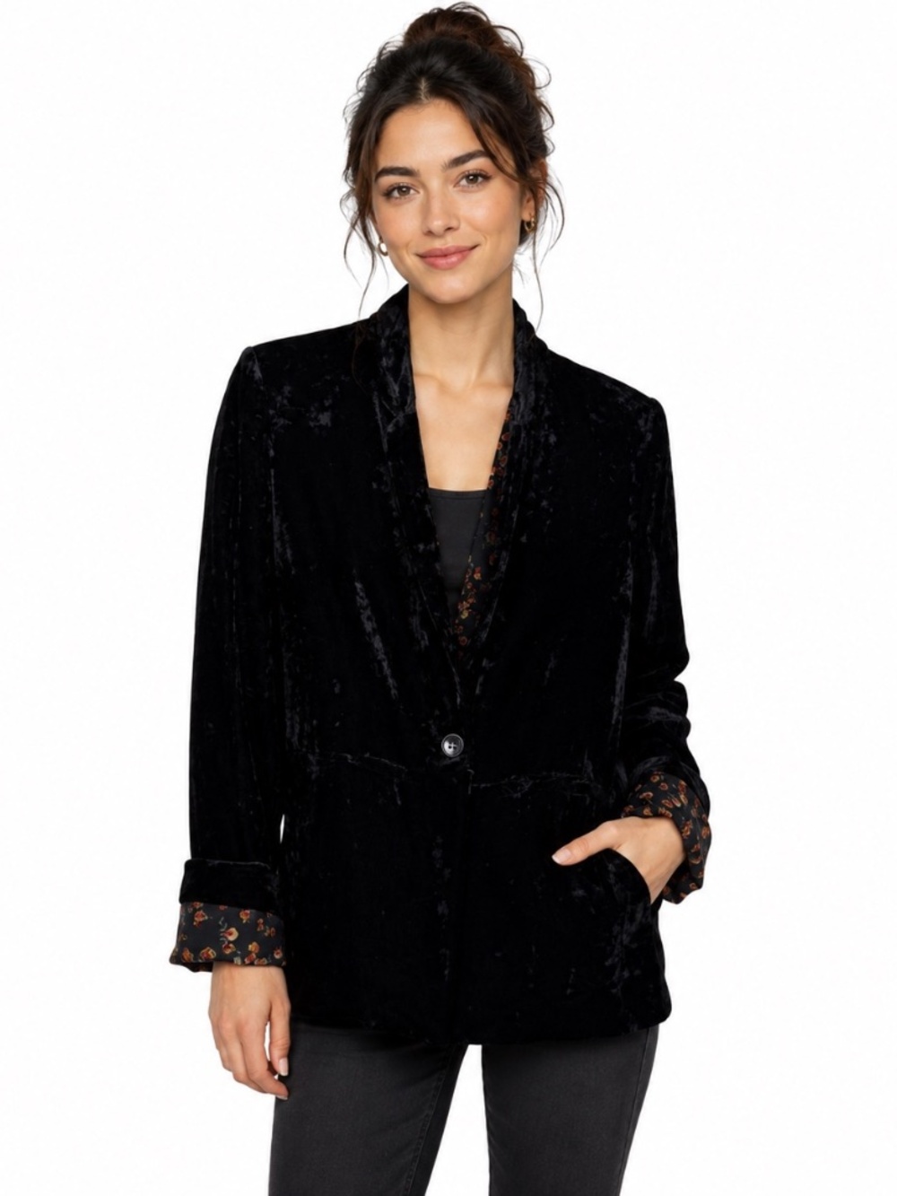 Sanctuary Women's Large Black Velvet Blazer Jacket Floral Lined